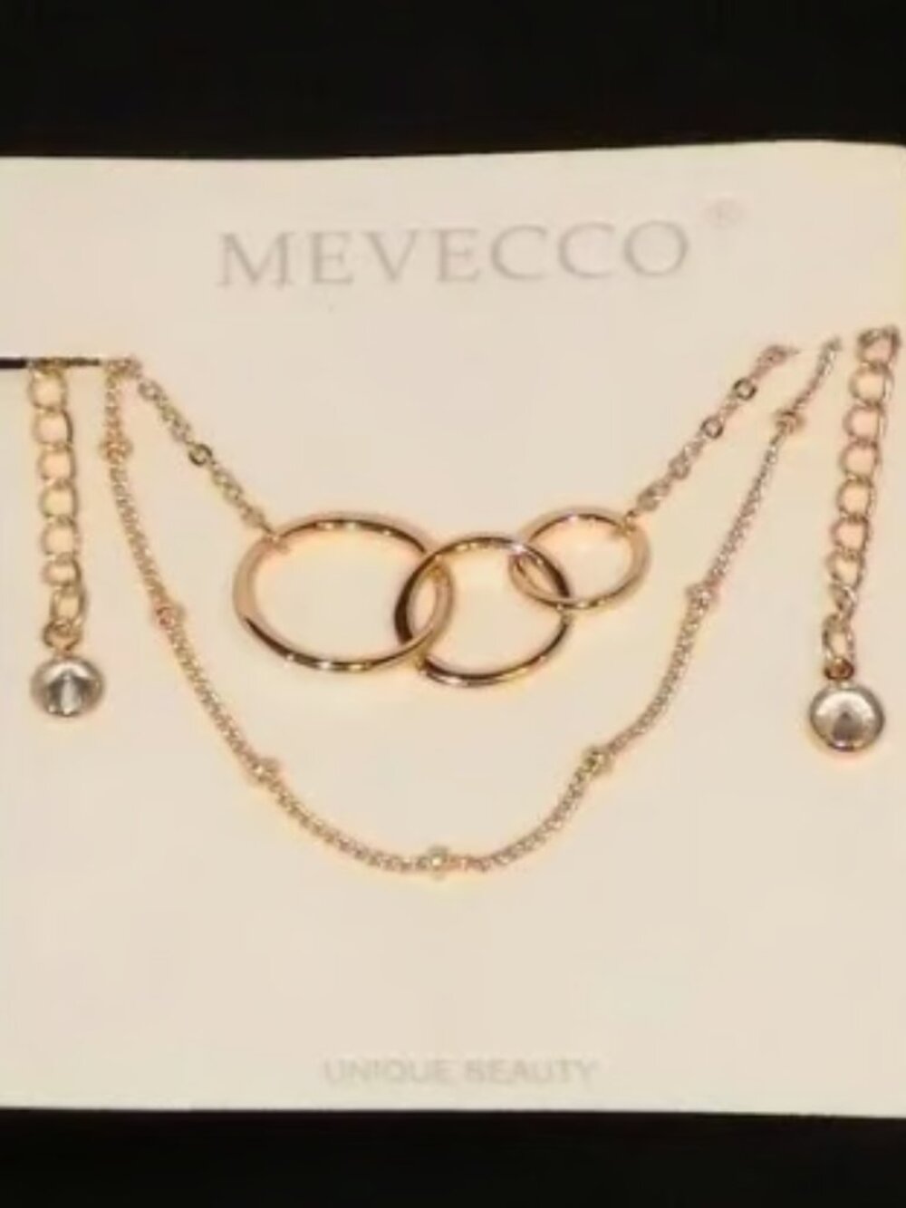 New Set of 2 Mavecco 14K Gold-Filled Layered Necklaces. Crystals, Chain, Rings